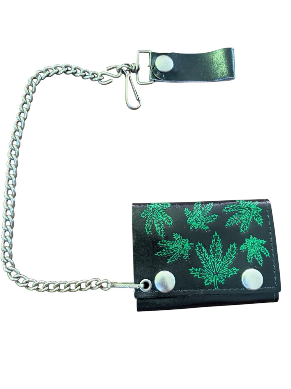 Vintage Marijuana Leaf Weed Black Green Leather Chain Trifold Wallet Made in USA